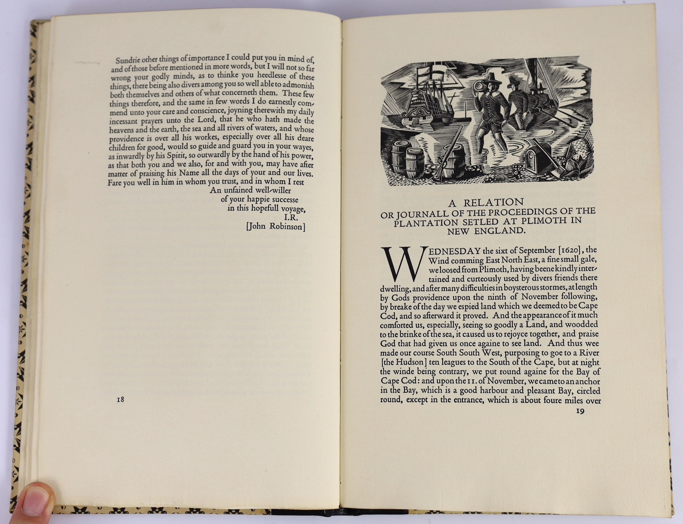 Golden Cockerel Press - Waltham Saint Lawrence, Berkshire - The Pilgrim Fathers, one of 300, edited by Theodore Bestermam, illustrated with 8 engravings by Geoffrey Wales, 1939